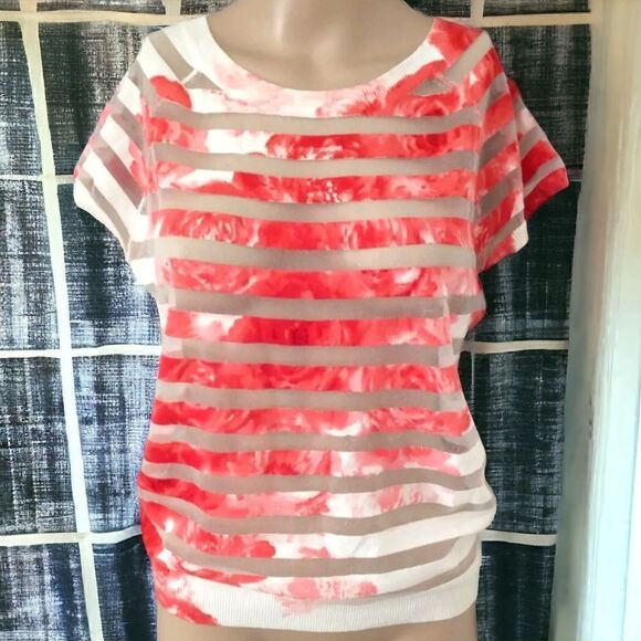 Red White Striped Top Small Mesh Sheer Stripes Tie Dye Lightweight Knit Pullover - Picture 1 of 16